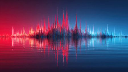 This stunning abstract image features an audio waveform reflected on water, showcasing vibrant red and blue colors against a dark background, symbolizing sound dynamics.の素材