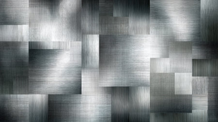 This image features an abstract silver metal texture composed of varied geometric patterns with brushed finishes, ideal for backgrounds and design projects.の素材