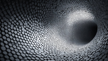 This captivating abstract image features a tunnel with circular patterns, creating an illusion of depth and texture in striking monochrome shades, perfect for design projects.の素材