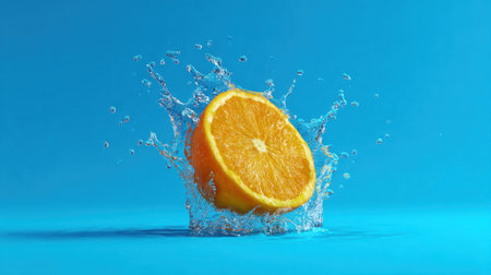 A lively image of a freshly cut orange creating a splash in clear water, showcasing the vibrant colors and dynamic motion, perfect for food or health themes.の素材