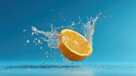 A vibrant and refreshing image of a sliced orange splashing water against a bright blue background. Perfect for promoting healthy beverages or summer themes.の素材