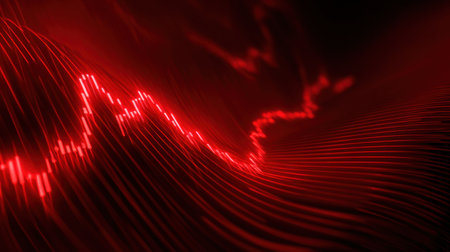 Captivating abstract image showcasing red waves intertwined with graph lines, illustrating financial market trends in a vibrant digital landscape.の素材