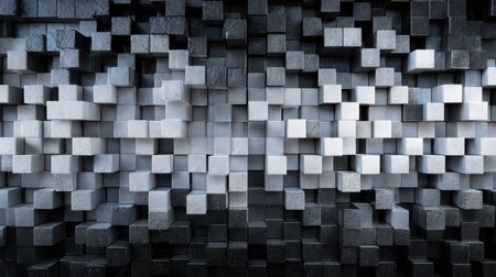 This image showcases an abstract arrangement of dark and light cubes, creating a three-dimensional wall with depth and texture. Ideal for modern and minimalist design projects.の素材