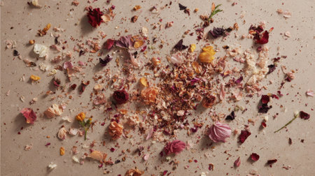 A stunning display of colorful dried flower petals and herbs scattered artistically on a light beige background, perfect for natural decor ideas.の素材