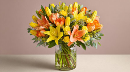A stunning arrangement of fresh flowers featuring vibrant yellow, orange, and pink blooms in a clear glass vase. Perfect for home decor.の素材