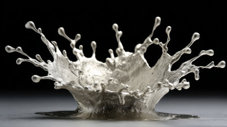 This striking close-up image captures a metallic liquid splash in exquisite detail, showcasing dynamic droplets that convey motion and creativity.の素材