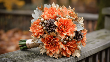 This stunning floral bouquet features vibrant orange dahlias, accented with pinecones and golden leaves, resting against a rustic wooden background.の素材