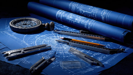 A captivating arrangement of vintage drafting tools, blueprints, and measuring instruments set against a dark backdrop, showcasing precision and creativity.の素材