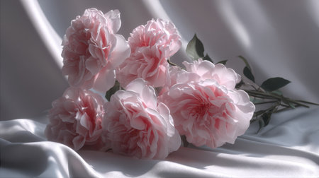 This stunning image features soft pink roses beautifully arranged on delicate silk fabric, capturing a sense of elegance and tranquility in natural light.の素材