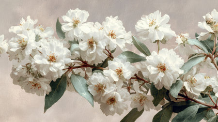 This stunning image features delicate white blossoms with green leaves, set against a soft, muted background, capturing natureの素材