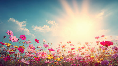 A stunning scene featuring a vibrant field of wildflowers basking in golden sunlight, framed by a clear sky and soft clouds, evoking peace and beauty.の素材