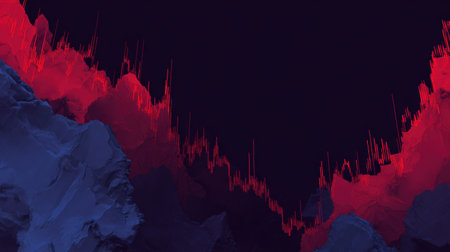 This abstract digital artwork features a stunning blend of vibrant red and blue colors, creating a visually striking mountain landscape. It symbolizes data visualization and technological innovation, perfect for professional projects.の素材