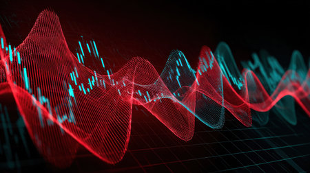This abstract image showcases a vibrant representation of data flow and trends, depicting the dynamics of financial growth with intricate waves and color contrasts.の素材