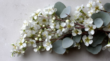 A stunning arrangement of delicate white flowers with eucalyptus leaves gracefully laid on a light marble surface, offering a perfect touch for artistic floral design.の素材