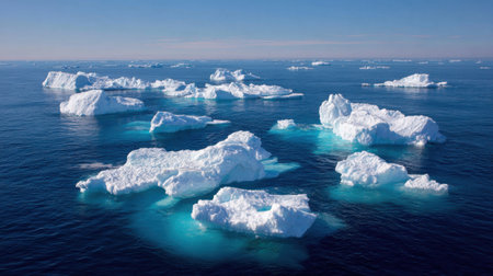 A breathtaking view of icebergs drifting in the deep blue ocean under a clear sky, showcasing nature's beauty and serenity in a pristine wilderness.の素材