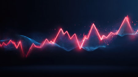 A vibrant abstract digital illustration showcasing a dynamic waveform in striking red and blue colors, perfect for technology, data visualization, and future concepts.の素材