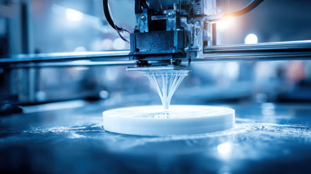 A detailed view of a 3D printing machine in action, showcasing the extruding filament process in a modern workshop setting, emphasizing innovation and technology.の素材