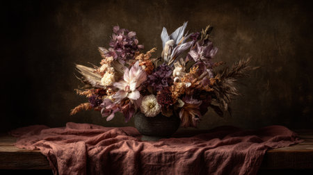 This beautiful floral arrangement features a blend of dried and fresh flowers in soft shades of purple and beige. Perfect for home decor or photography.の素材