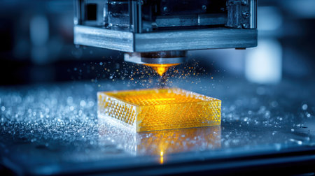 This image showcases advanced 3D printing technology in action, highlighting a resin printer creating an intricate design with precision in a controlled environment.の素材