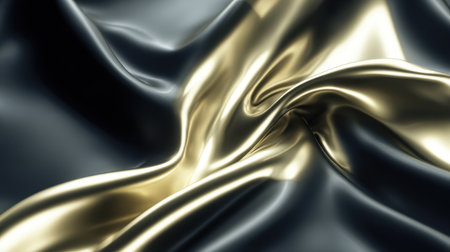 This image captures the elegance of luxurious black and gold silk fabric with smooth, flowing wrinkles creating a stunning visual effect.の素材