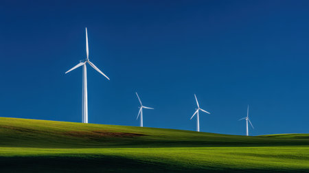 A picturesque landscape featuring multiple wind turbines rising from a lush green meadow beneath a clear blue sky, showcasing the beauty of renewable energy.の素材