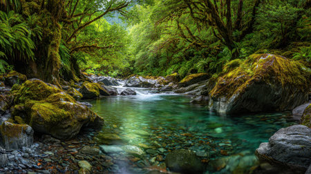 A serene view of a flowing stream nestled among lush greenery and moss-covered rocks, creating a tranquil atmosphere in a vibrant natural setting.の素材