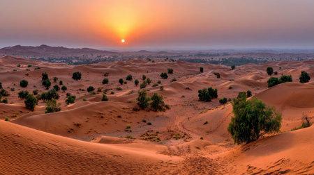 This stunning image captures a sunset over expansive sand dunes in a tranquil desert. The landscape features sparse vegetation and warm colors, creating a serene atmosphere perfect for relaxation and exploration.の素材