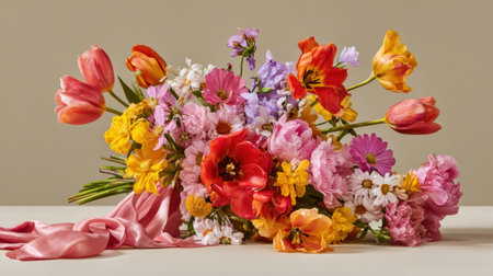 A stunning bouquet featuring a variety of vibrant spring flowers arranged beautifully with a soft pink ribbon. Perfect for decoration or gifts.の素材