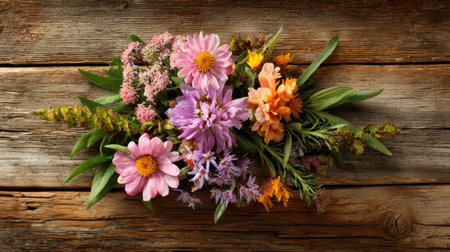 This captivating image features a vibrant assortment of fresh wildflowers artfully arranged against a rustic wooden backdrop, highlighting beauty and nature.の素材