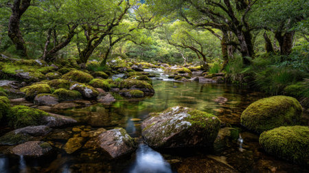 A serene forest scene featuring a gently flowing stream surrounded by lush greenery and moss-covered rocks, evoking tranquility and natural beauty.の素材