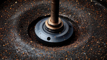 A striking close-up image capturing the intricate details of a coffee grinder's blade surrounded by freshly ground coffee, highlighting the brewing process.の素材