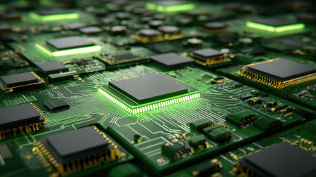 A detailed close-up view of an electronic circuit board showcasing glowing microchips and intricate patterns in green and black colors, symbolizing modern technology.の素材