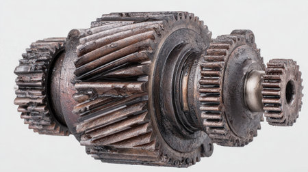 This image features a detailed view of a vintage metallic gear assembly, highlighting its intricate design and robust functionality, ideal for industrial themes.の素材