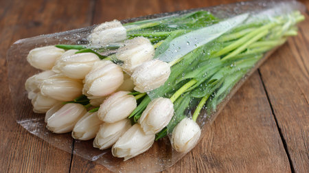 A stunning bouquet of fresh white tulips wrapped elegantly in a clear film, adorned with water droplets, set against a rustic wooden table, perfect for spring decor.の素材