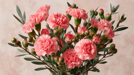 A stunning bouquet of fresh pink carnations with lush green leaves, set against a soft pastel background, perfect for decorative and celebratory purposes.の素材
