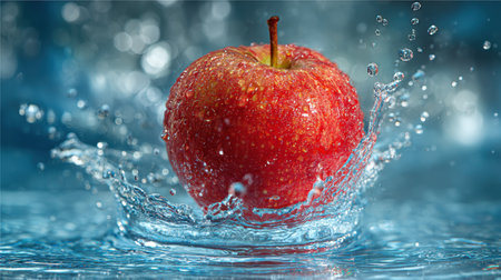 A vibrant red apple creates a stunning splash in clear blue water, surrounded by bubbles and ripples, symbolizing freshness and vitality.の素材