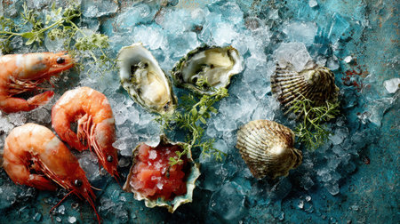 This stunning arrangement features a variety of fresh seafood, including shrimp, oysters, and scallops, set on a bed of ice and garnished with herbs. Perfect for food photography and culinary presentations.の素材