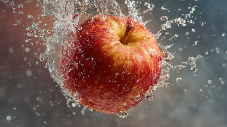 A striking image of a vibrant red apple making a splash in clear water, showcasing the freshness and healthy aspects of this delicious fruit.の素材