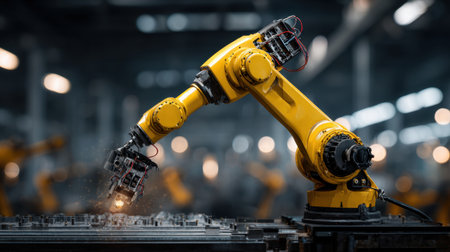 A bright yellow robotic arm engaged in intricate tasks in a manufacturing environment, showcasing advanced technology and automation in industry.の素材