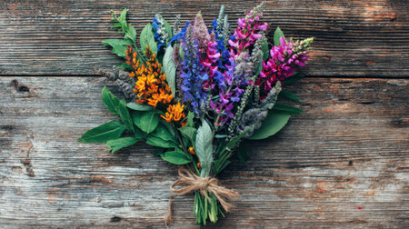 A stunning and vibrant wildflower bouquet artfully arranged on a rustic wooden surface, ideal for decorating spaces or capturing the essence of nature.の素材