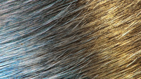 A stunning close-up of fine hair texture showcasing glints of color as it catches natural light, emphasizing intricate details and softness.の素材