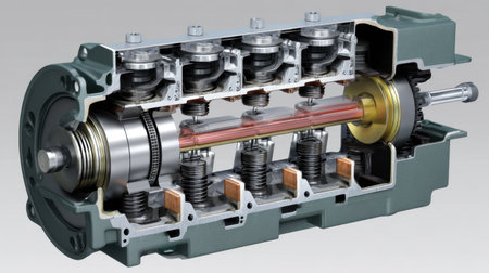 This image showcases a detailed cross-section of an engine component, illustrating intricate internal mechanics and design features for educational and technical purposes.の素材