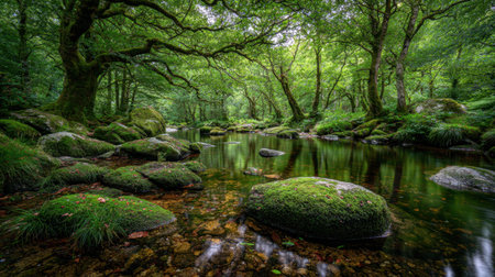 This image captures a peaceful forest scene with calm water reflecting lush green trees and moss-covered rocks, creating a serene atmosphere perfect for nature lovers.の素材