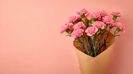 A stunning bouquet of pink carnations beautifully arranged in brown paper against a soft pink background, ideal for floral designs and decorations.の素材