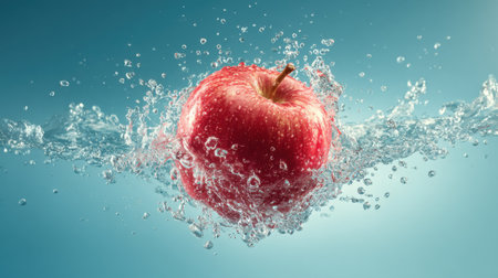 This stunning image features a fresh red apple creating a splash in clear water, surrounded by bubbles. The vibrant colors and motion capture the essence of freshness.の素材