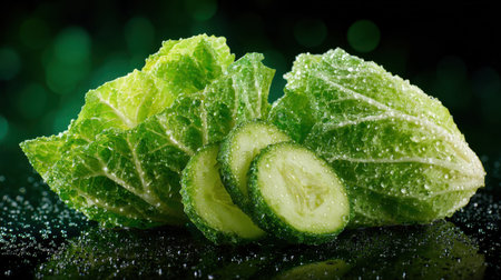 This image showcases fresh green cucumber and lettuce with glistening dew drops on a dark background, emphasizing freshness and healthy eating.の素材