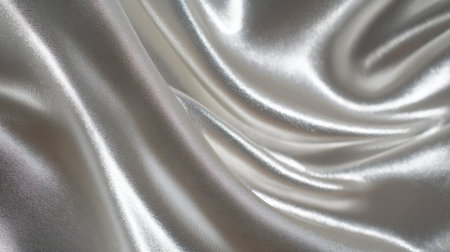 A close-up view of luxurious silver fabric creates a smooth and elegant texture. The soft sheen and gentle drapery evoke a sense of sophistication and style.の素材