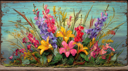 A stunning arrangement of colorful flowers in vibrant hues featuring pink, yellow, and purple blooms set against a textured rustic background.の素材