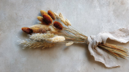 This elegant dried flower bouquet features soft textures and warm tones, perfect for enhancing rustic decor. Ideal for photography and design projects.の素材