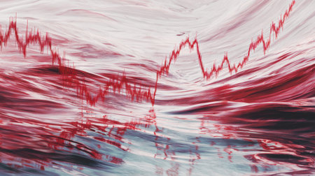 This abstract image features dynamic red and white swirls resembling financial market trends, capturing the essence of fluctuation and movement in trading data.の素材